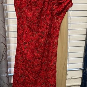 Red sequin and lace prom dress.